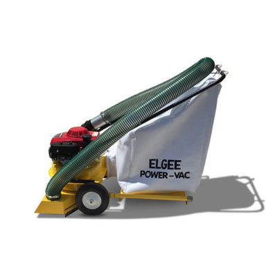 Elgee Power Vac gasoline vacuum, yellow with red engine, large collection bag, and hose.