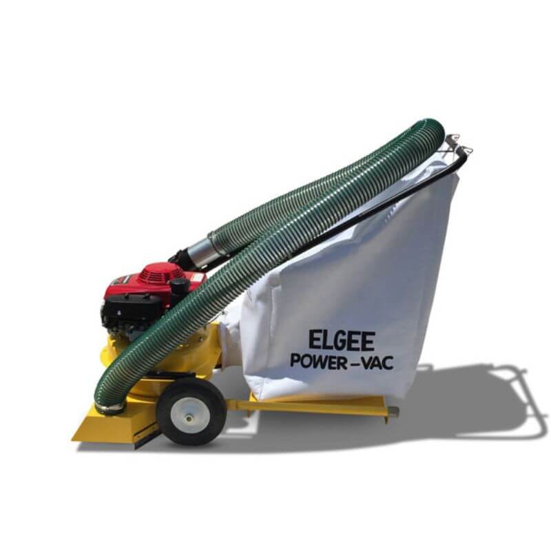 Elgee Power Vac gasoline vacuum, yellow with red engine, large collection bag, and hose.
