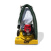 Elgee Power Vac gasoline vacuum, yellow with a red engine, front view and flexible hose.