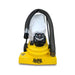 Elgee Power Vac lithium-ion vacuum cleaner, yellow, front view with hose and control panel.