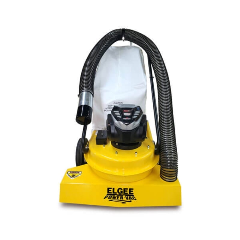 Elgee Power Vac lithium-ion vacuum cleaner, yellow, front view with hose and control panel.