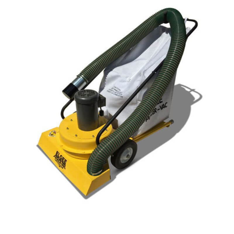 Elgee Power Vac electric vacuum in yellow, angled view with hose and collection bag.