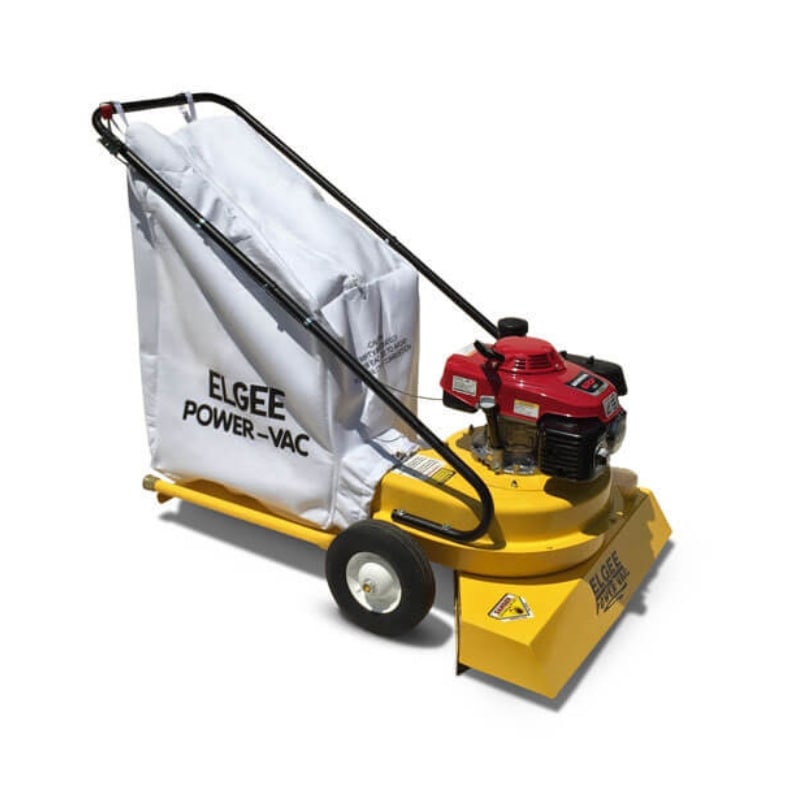Elgee Power Vac vacuum cleaner, yellow with a white bag, front view, and red engine.