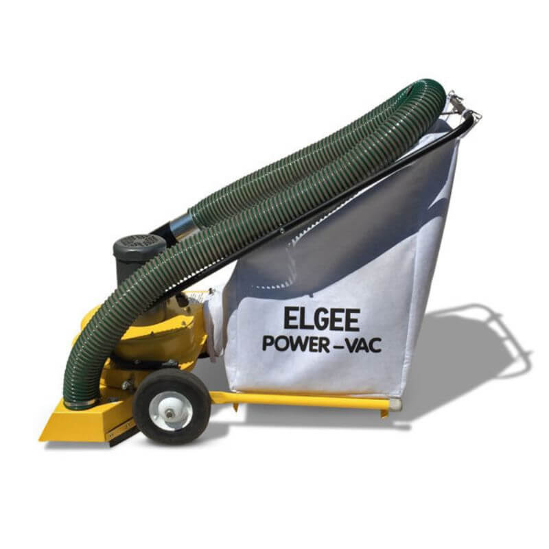 Elgee Power Vac electric vacuum in yellow and gray, angled view with hose and wheels.