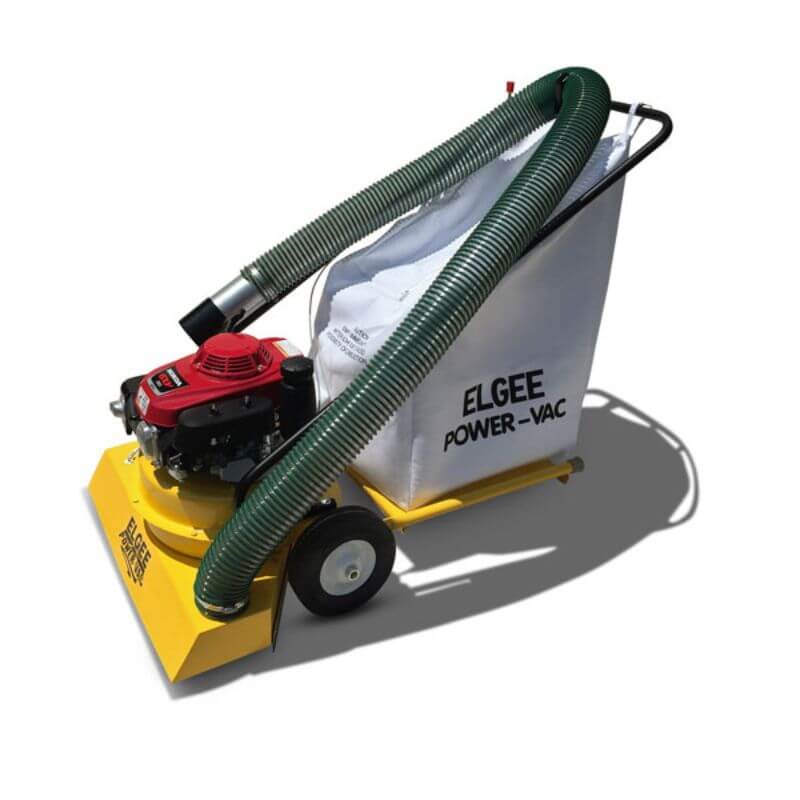 Elgee Power Vac gasoline vacuum, yellow with red engine, hose, and collection bag.