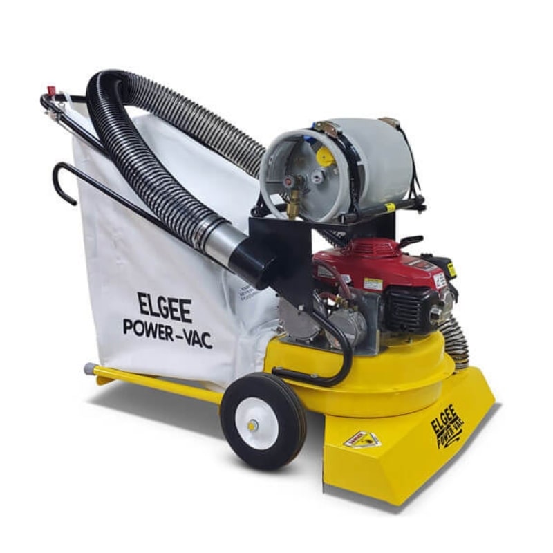 ELGEE Power-Vac commercial vacuum showing engine and debris collection system