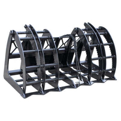 Forestry Grapple for Skid Steer by Prime Attachments, black, angled view with robust claw design.