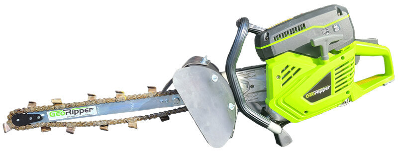 GeoRipper 20 MiniTrencher, green and gray, angled view with cutting chain and blade attachment.