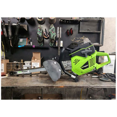 GeoRipper 20 MiniTrencher side view, vibrant green and black with a cutting chain and handle.