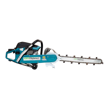 GeoRipper 620 Trencher in teal, side view with cutting chain and handle visible.