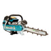 GeoRipper 620 Trencher mini trencher in teal, angled view with chain and handle.