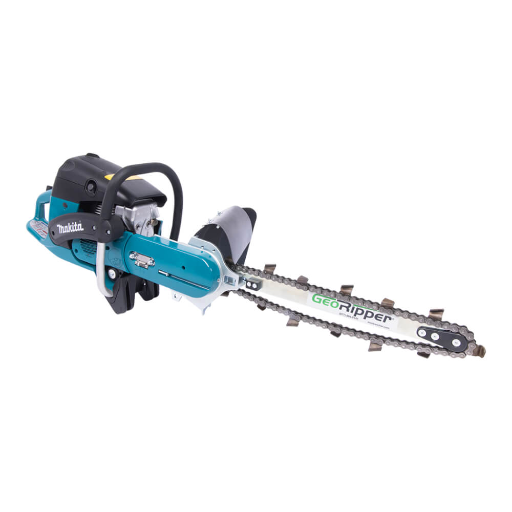GeoRipper 820 Trencher in teal and black, featuring a durable chain and ergonomic handle.