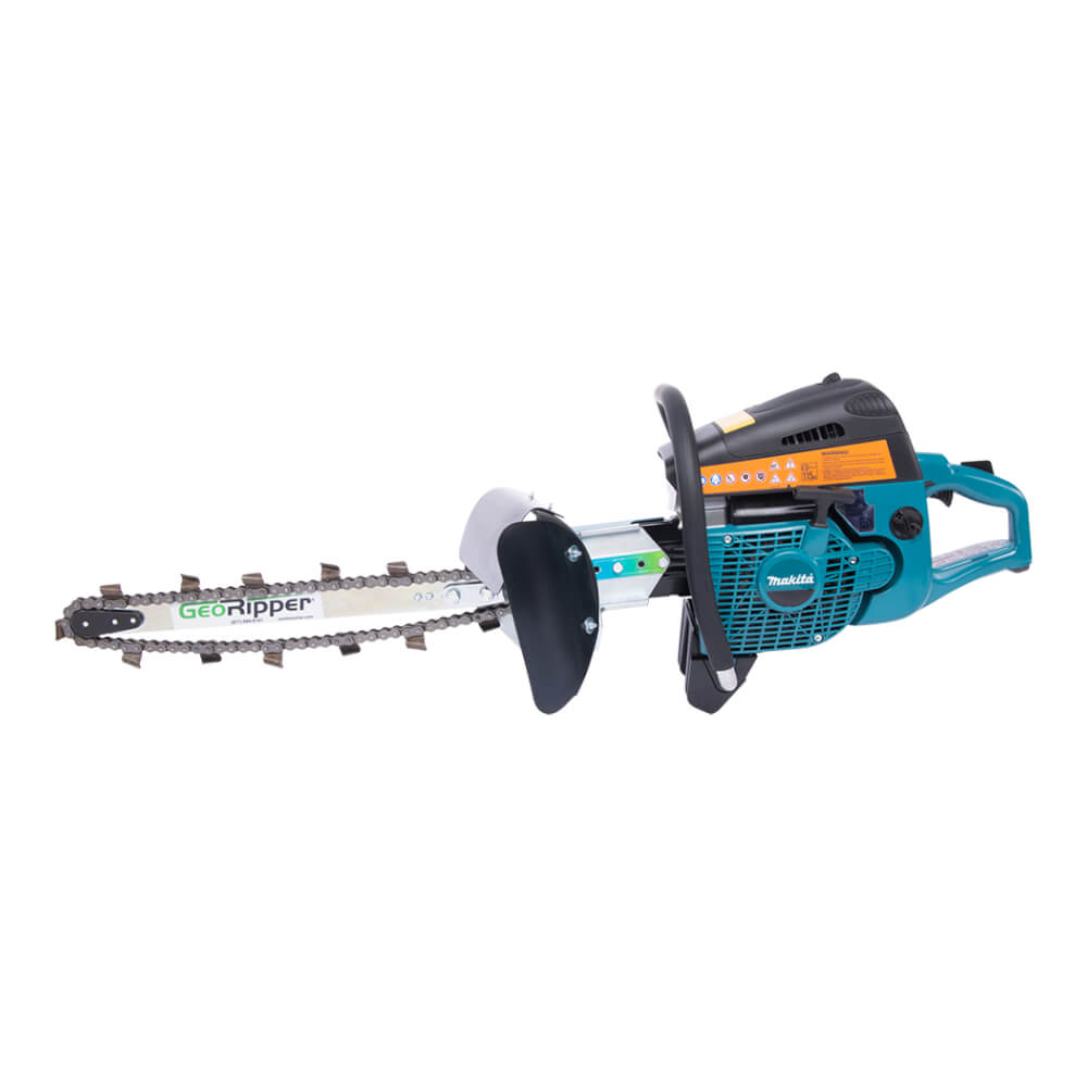 GeoRipper 820 Trencher in teal with guide bar, handle, and protective cover.
