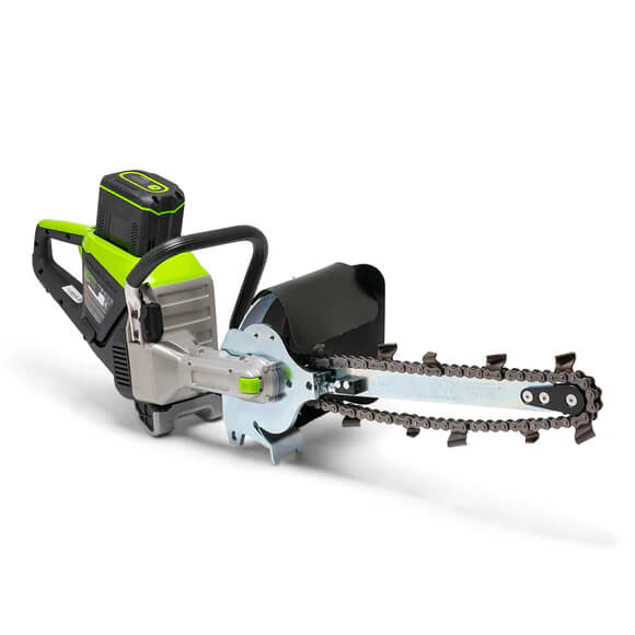 GeoRipper e/B 400 GreenWorks Trencher, angled view, green and silver with chain and handle.