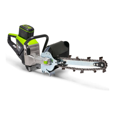 GeoRipper e/B 500 GreenWorks Trencher, angled view, featuring green accents and a cutting chain.
