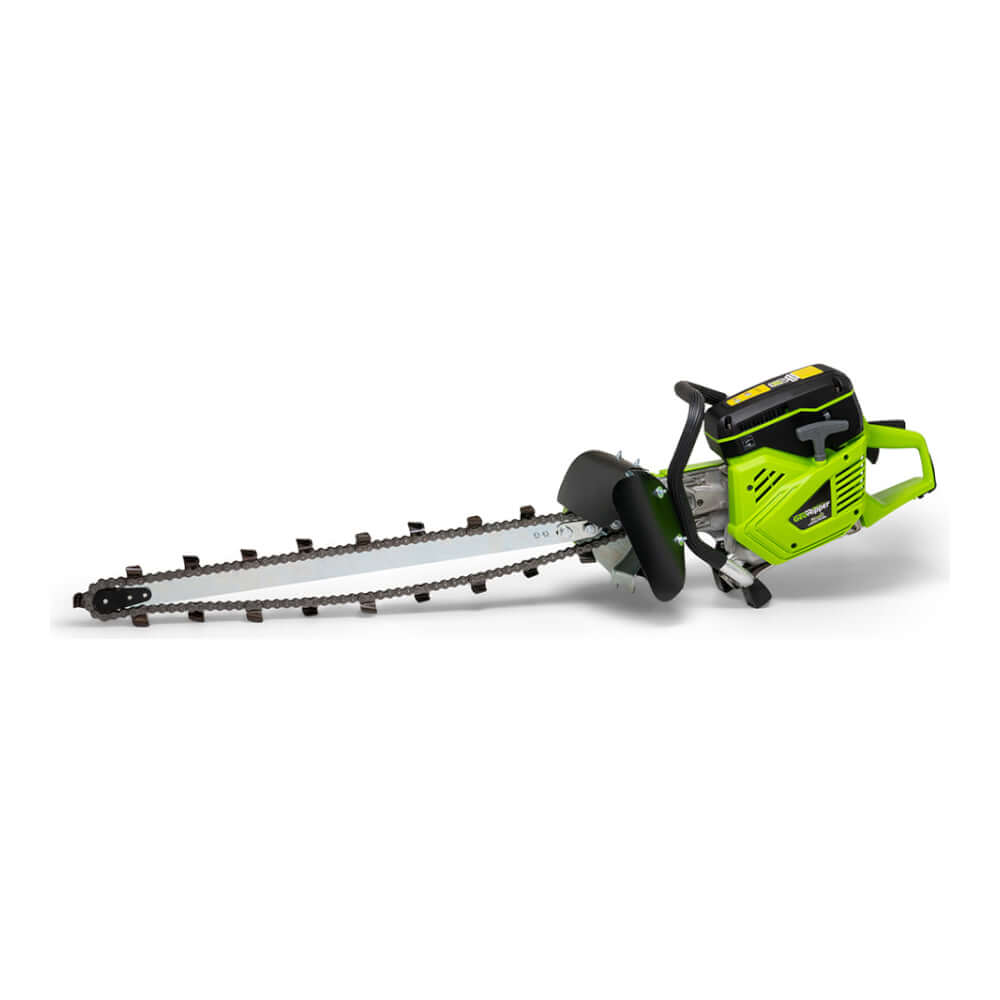GeoRipper GR27 Trencher, angled view, green body with cutting chain for efficient soil excavation.