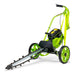 GeoRipper GR27 Trencher angled view, vibrant green with wheels and cutting chain attachment.