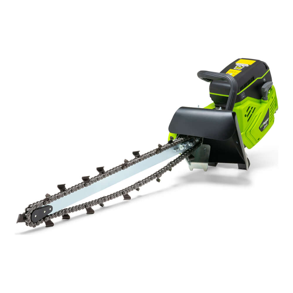 GeoRipper GR27 Trencher, green and black, angled view with a chainsaw blade and handle.
