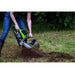 GeoRipper e/B 400 GreenWorks Trencher angled view, green with LCD screen and cutting blade.