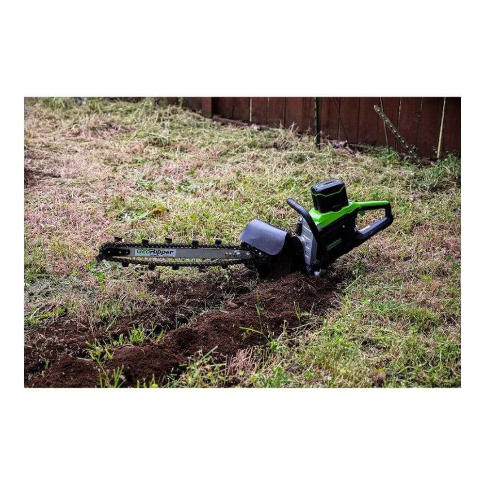 GeoRipper e/B 500 Trencher, green and black, angled view with chain and handle visible.