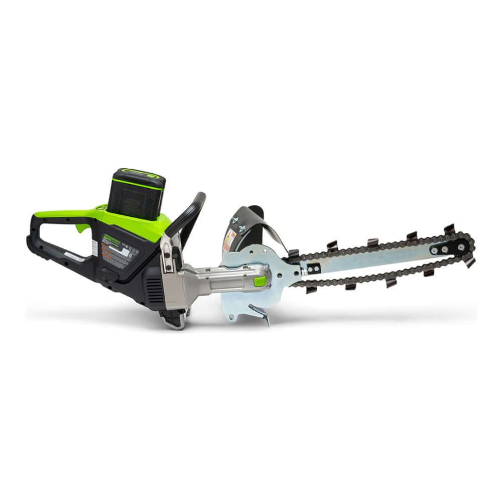 GeoRipper e/B 500 GreenWorks Trencher side view, featuring green accents, handle, and cutting chain.