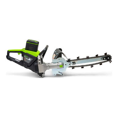 GeoRipper e/B 500 GreenWorks Trencher side view, featuring green accents, handle, and cutting chain.
