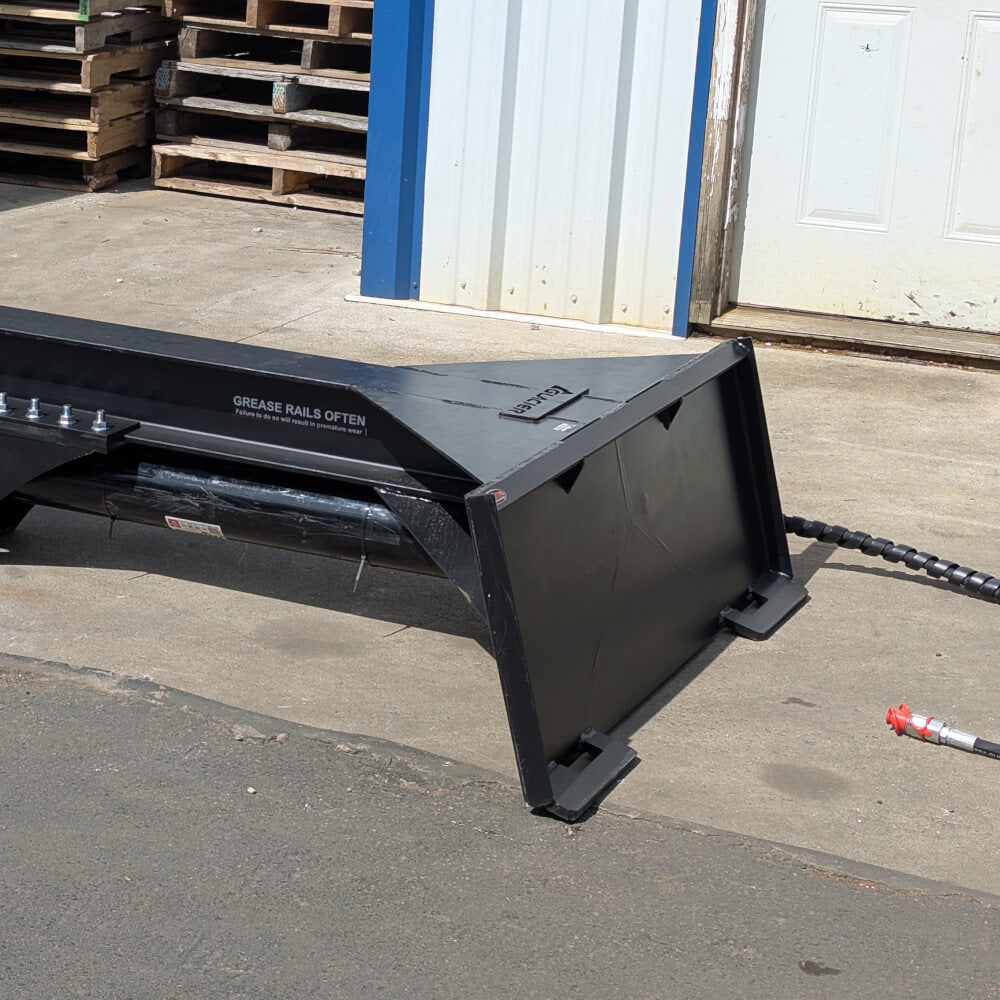 Glacier Attachments Inverted Log Splitter for Skid Steer, black with hydraulic hoses and robust design.