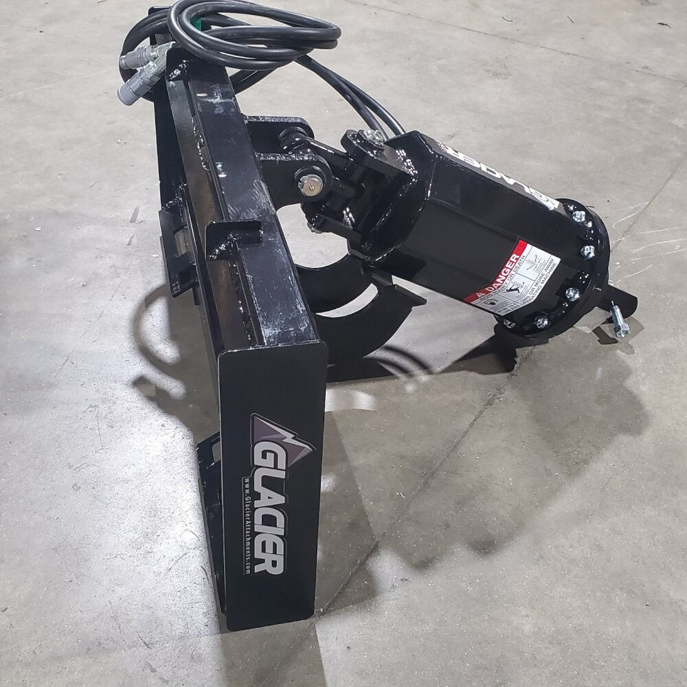 Glacier Auger Drive Unit for Skid Steer, black, angled view with hydraulic hoses and motor.