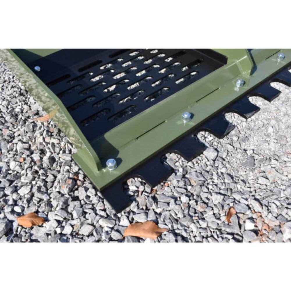 Heavy Duty Land Leveler 6-8 Ft by Roadrunner Equipment, angled view, green metal with serrated edge.