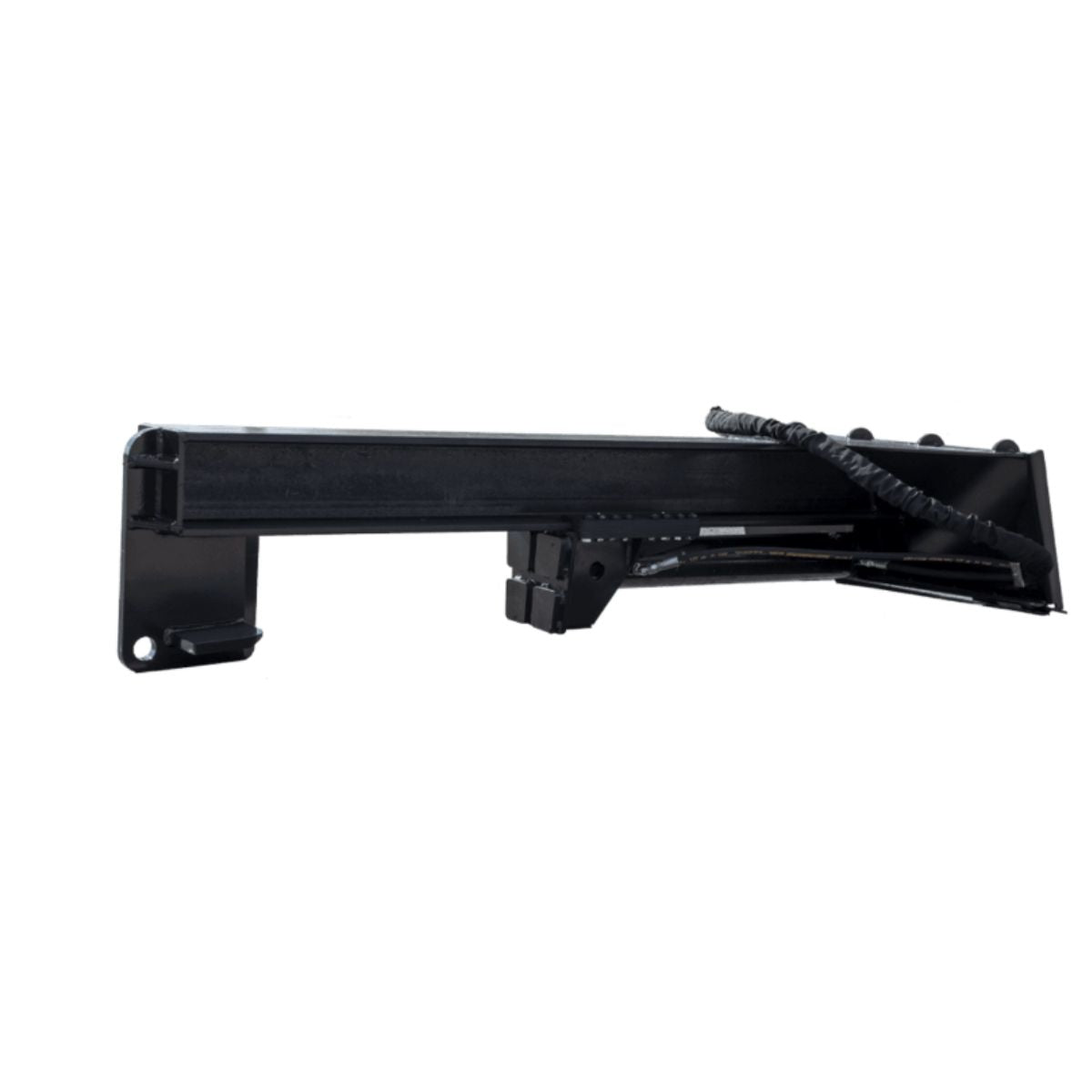 Inverted Log Splitter for Skid Steer — Prime Attachments, angled view, black with hydraulic controls.