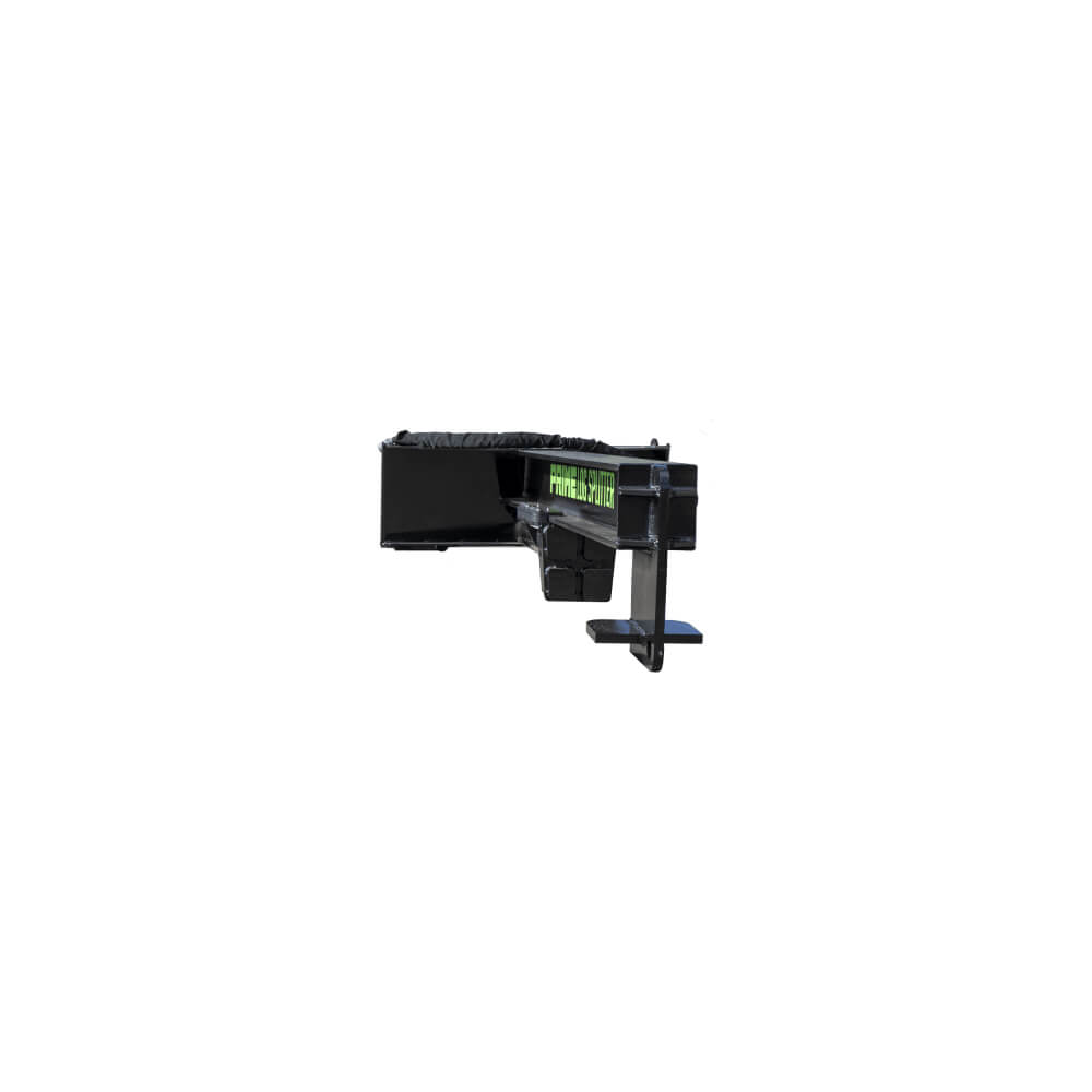 Prime Attachments Inverted Log Splitter for Skid Steer, black, side view with robust construction.