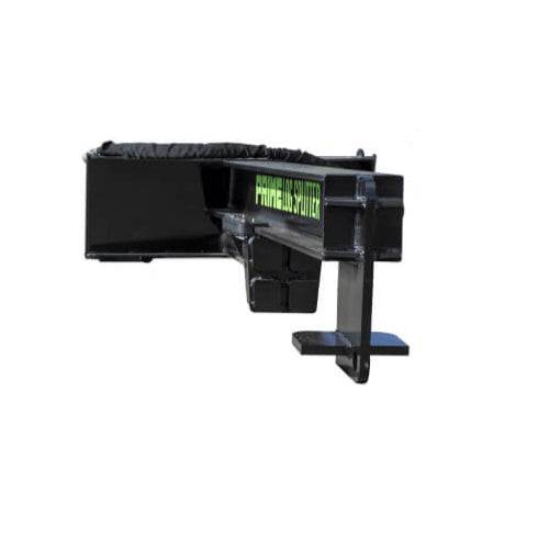 Inverted Log Splitter for Skid Steer by Prime Attachments, angled view, black with green lettering.