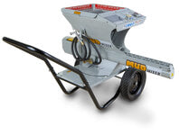 MudMixer Evolution Concrete Mixer angled view, gray with wheels and hose attachments.
