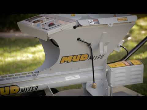 MudMixer Evolution Concrete Mixer, gray with control panel, hose connection, and sturdy construction.