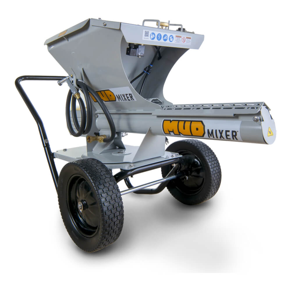 MudMixer Evolution Concrete Mixer, gray with wheels, front view featuring a large mixing hopper.