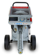 MudMixer Evolution Concrete Mixer front view, gray body, control panel with handles and wheels.