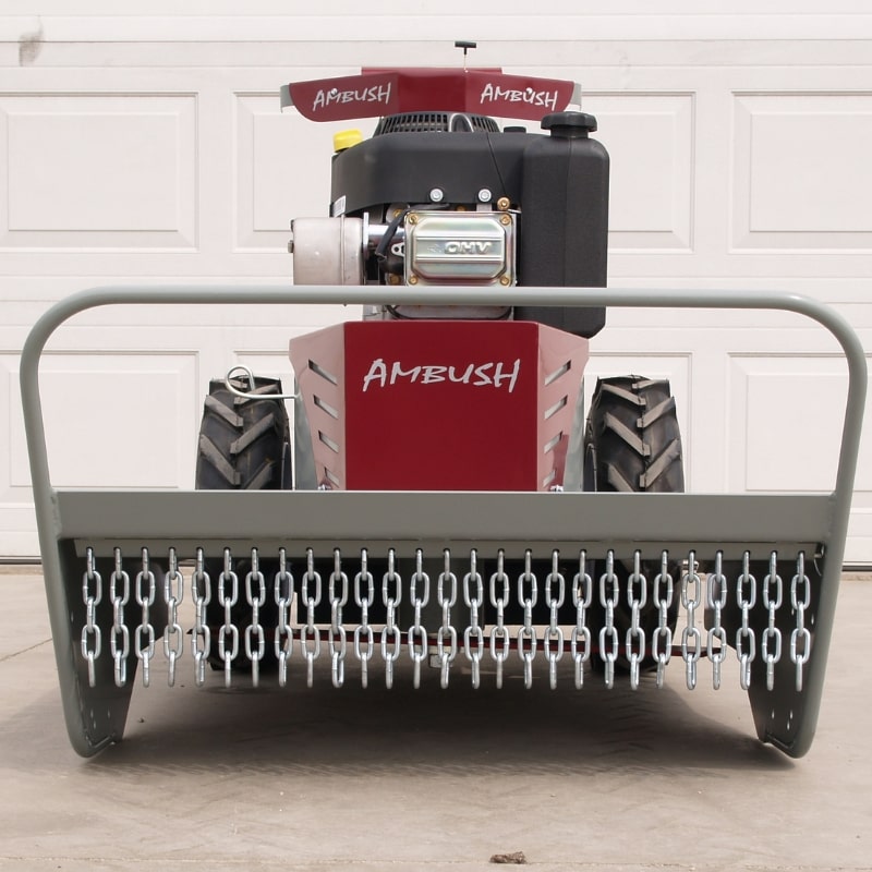 Front view of Ambush 26-inch walk-behind brush mower with heavy-duty chain guard