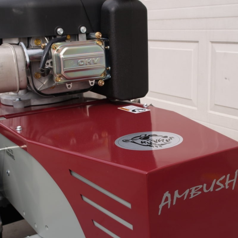 Power Dog Ambush 26″ Weed & Brush Mower top view showing OHV engine and logo decal