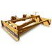 Roadrunner Equipment CJ Series skid steer grader attachment, yellow, angled view with cutting edge.