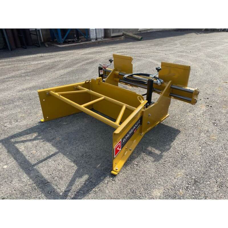 Roadrunner Equipment Multi Task Skid Steer Paver mount, yellow frame with hydraulic features.