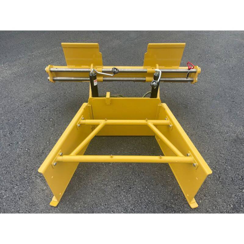 Roadrunner Equipment Multi Task Skid Steer Paver mount, yellow, front view with hydraulic arms.