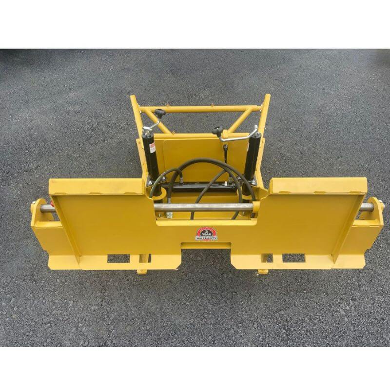 Roadrunner Equipment Multi Task Skid Steer Paver mount, yellow, front view with hydraulic components.