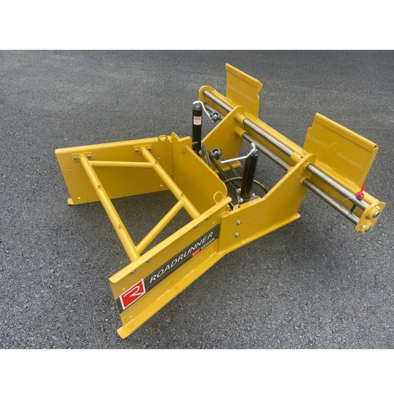 Roadrunner Multi Task Skid Steer Paver Mount, yellow, angled view with hydraulic features.