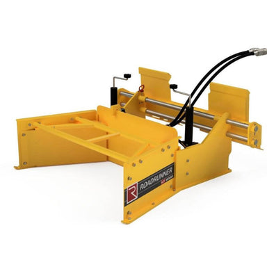 Roadrunner Multi Task Skid Steer Paver Mount, yellow, front view with hydraulic hoses and framework.