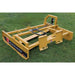 Roadrunner Skid Steer Grader Attachment, yellow, angled view with hydraulic hoses and robust design.