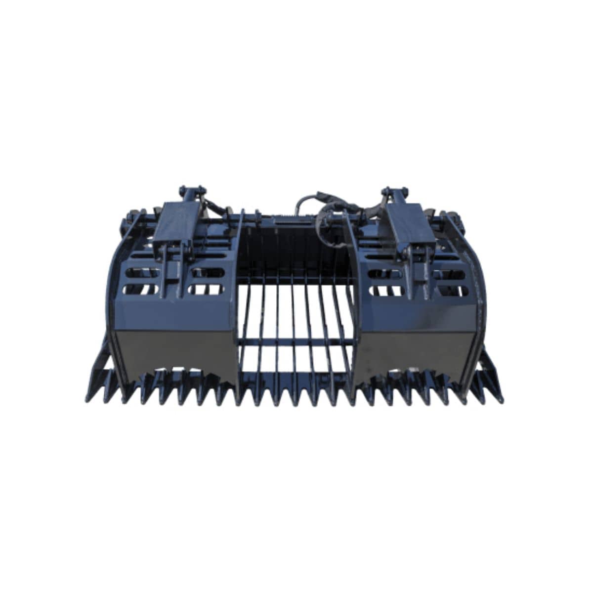 Rock and Brush Grapple — Prime Attachments, top-down view, black with twin claws and sturdy frame. 