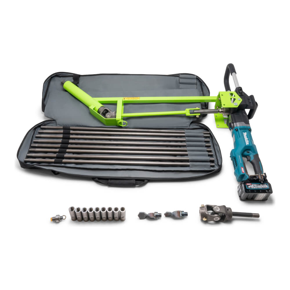 SiBore SB215e Battery Powered Micro Bore Drill Machine, green and blue with multiple drill rods and accessories.