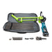 SiBore SB215e Battery Powered Micro Bore Drill Machine, green and blue with multiple drill rods and accessories.