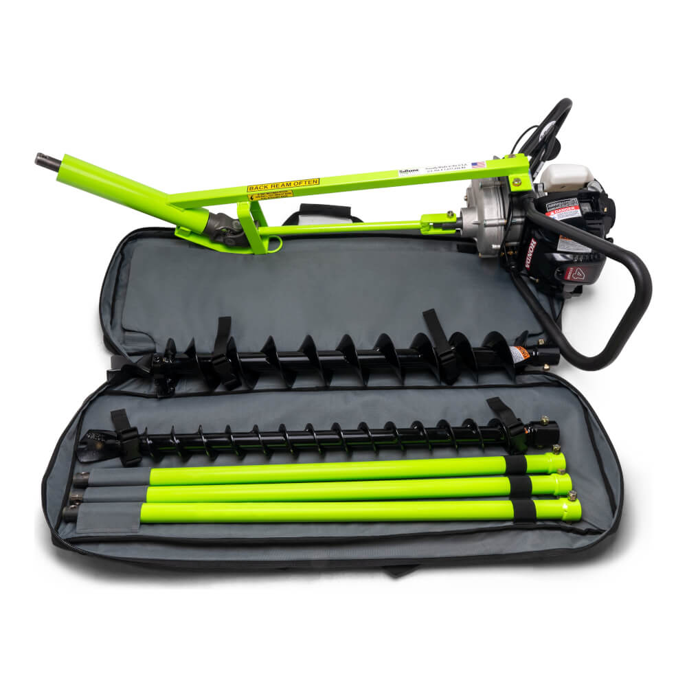 SiBore SB216 Bore Drill Machine in vibrant green, featuring an engine, augers, and carrying case.