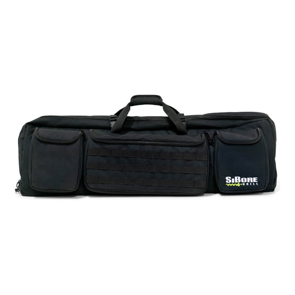 SiBore SB216e Battery Powered Bore Drill Machine, black carrying case with multiple pockets and handles.
